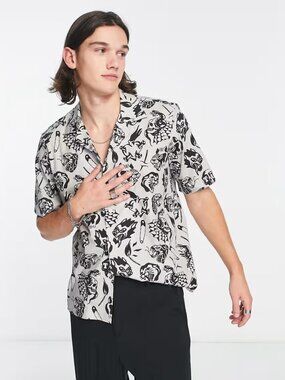 Twisted Tailor Decker Revere Collar Short Sleeve Shirt Gray Tattoo Print